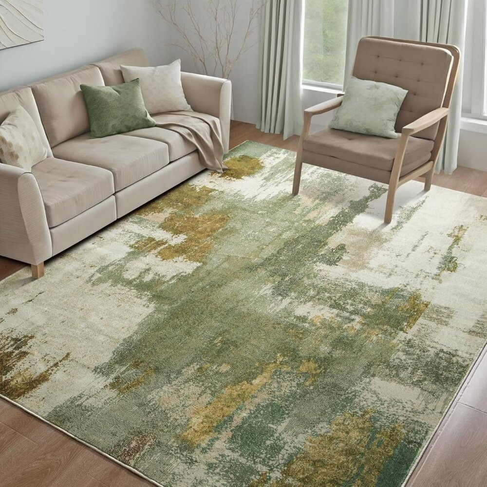 New 6x9 Green Abstract Rug, Washable Faux Wool Non-Slip Carpet for Home & Dorm
